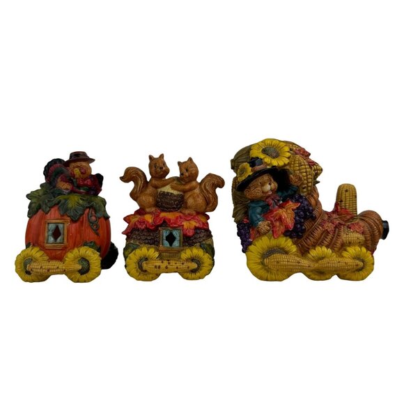 Vintage Ceramic Light-Up Train Set Autumn Harvest Fall Cornucopia Squirrels 3 pc - Picture 2 of 16